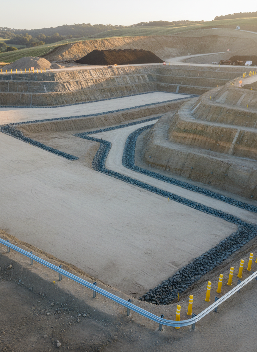 A meticulously prepared construction platform carved into a hillside, showcasing terraced benching, engineered retaining cut faces, and clearly defined drainage channels lined with angular rock. The soil layers are visibly stratified, from darker topsoil stockpiles in the background to lighter, compacted subgrade in the working area. A row of bright safety bollards and robust steel barriers lines the edge of a drop-off, emphasizing control and safety. Soft late-morning sunlight from the right side reveals textures in the exposed earth and rock, casting gentle shadows along contour changes. Photographic realism, shot from an eye-level, wide-angle perspective using rule-of-thirds composition, producing a clean, modern, highly professional mood that communicates technical expertise in complex earthmoving and land development.