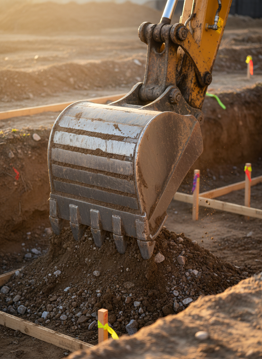 A close-up, eye-level view of a heavy-duty steel excavator bucket cutting into compacted earth, teeth clearly defined with scratches, wear marks, and caked soil on their surfaces. The bucket is mid-scoop, lifting a load of mixed brown and tan soil with scattered gravel, small stones tumbling from the edges. The surrounding ground is rough but organized, with clearly defined trench edges and stakes marking levels. Golden hour sunlight grazes across the metal, creating crisp highlights on the bucket’s edges and soft shadows in the trench, adding depth and drama. Photographic realism with a shallow depth of field keeps the bucket and soil sharply in focus while gently blurring the background, evoking strength, precision, and meticulous workmanship in professional earthmoving.